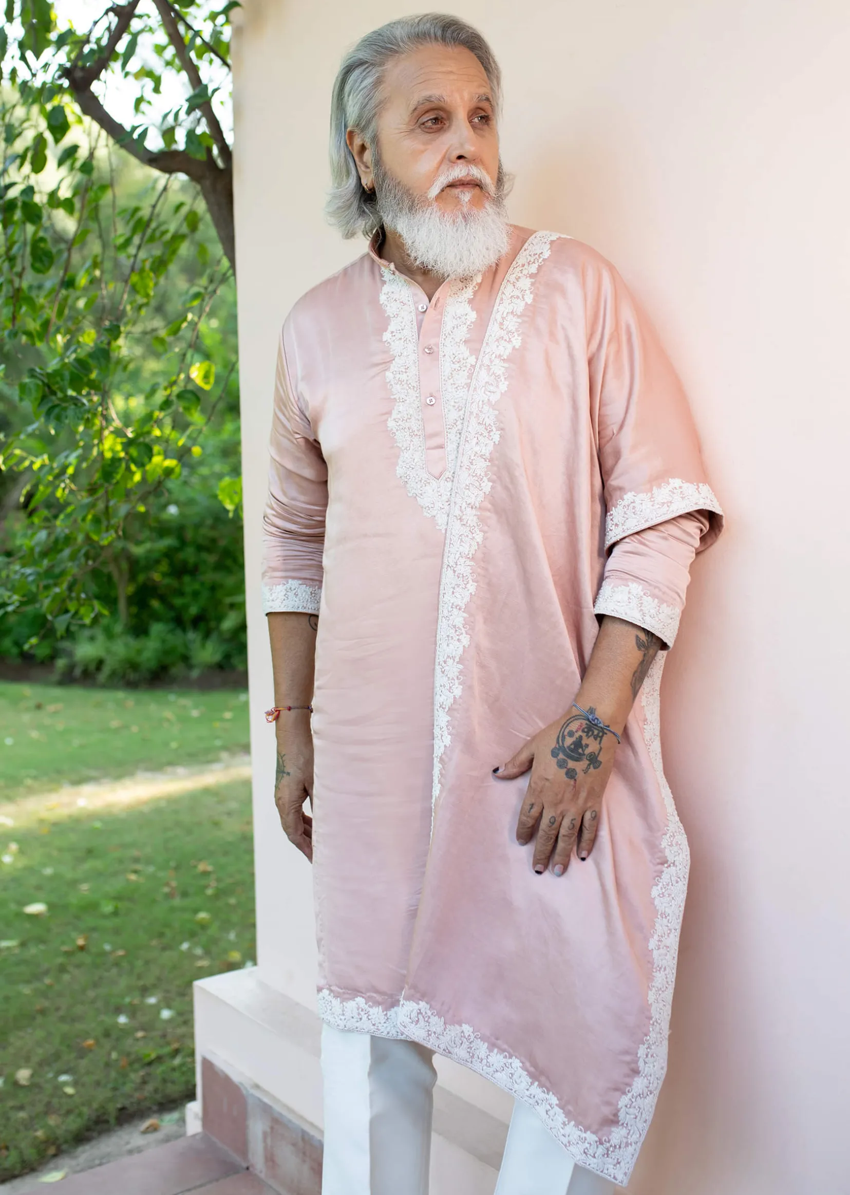 Pink Embroidered Kurta With Dupatta Set For Men
