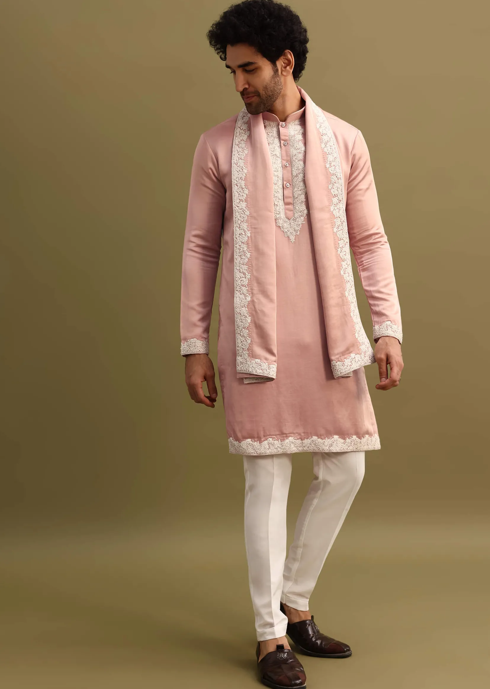 Pink Embroidered Kurta With Dupatta Set For Men
