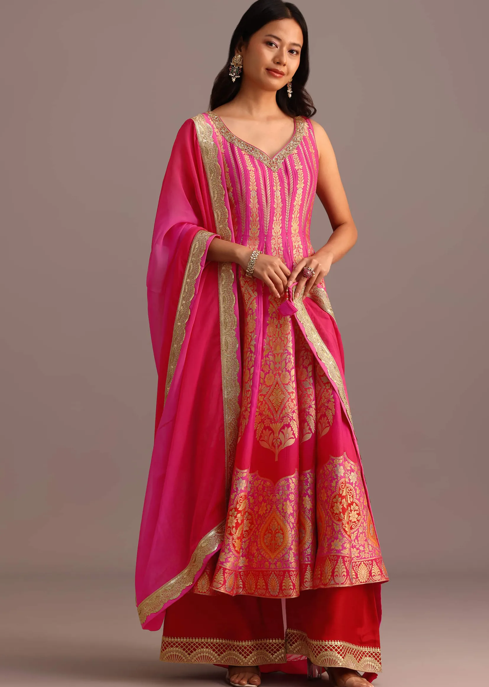 Pink Embroidered Kurti Palazzo With Organza Dupatta