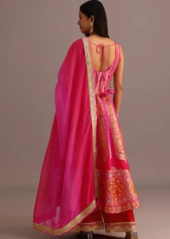 Pink Embroidered Kurti Palazzo With Organza Dupatta