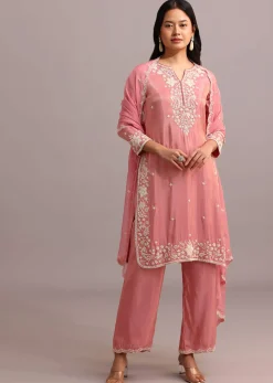 Pink Embroidered Kurti Set With Butti Work On Organza Dupatta