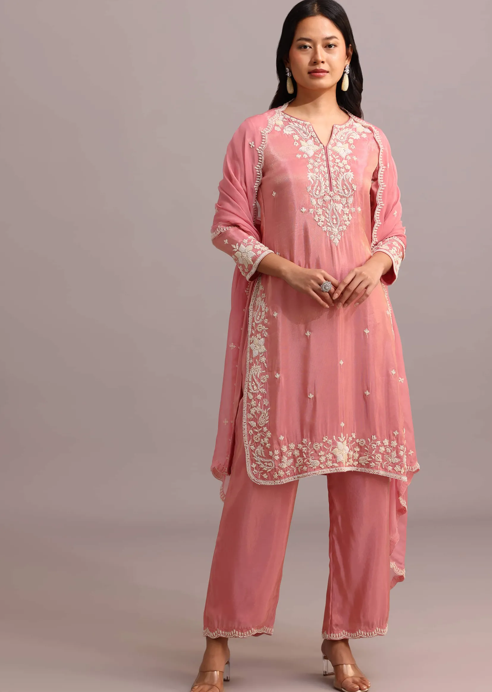 Pink Embroidered Kurti Set With Butti Work On Organza Dupatta