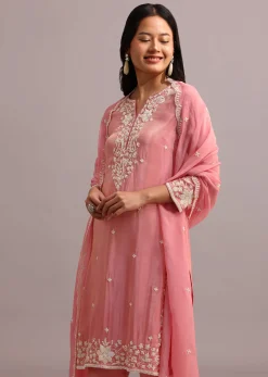 Pink Embroidered Kurti Set With Butti Work On Organza Dupatta