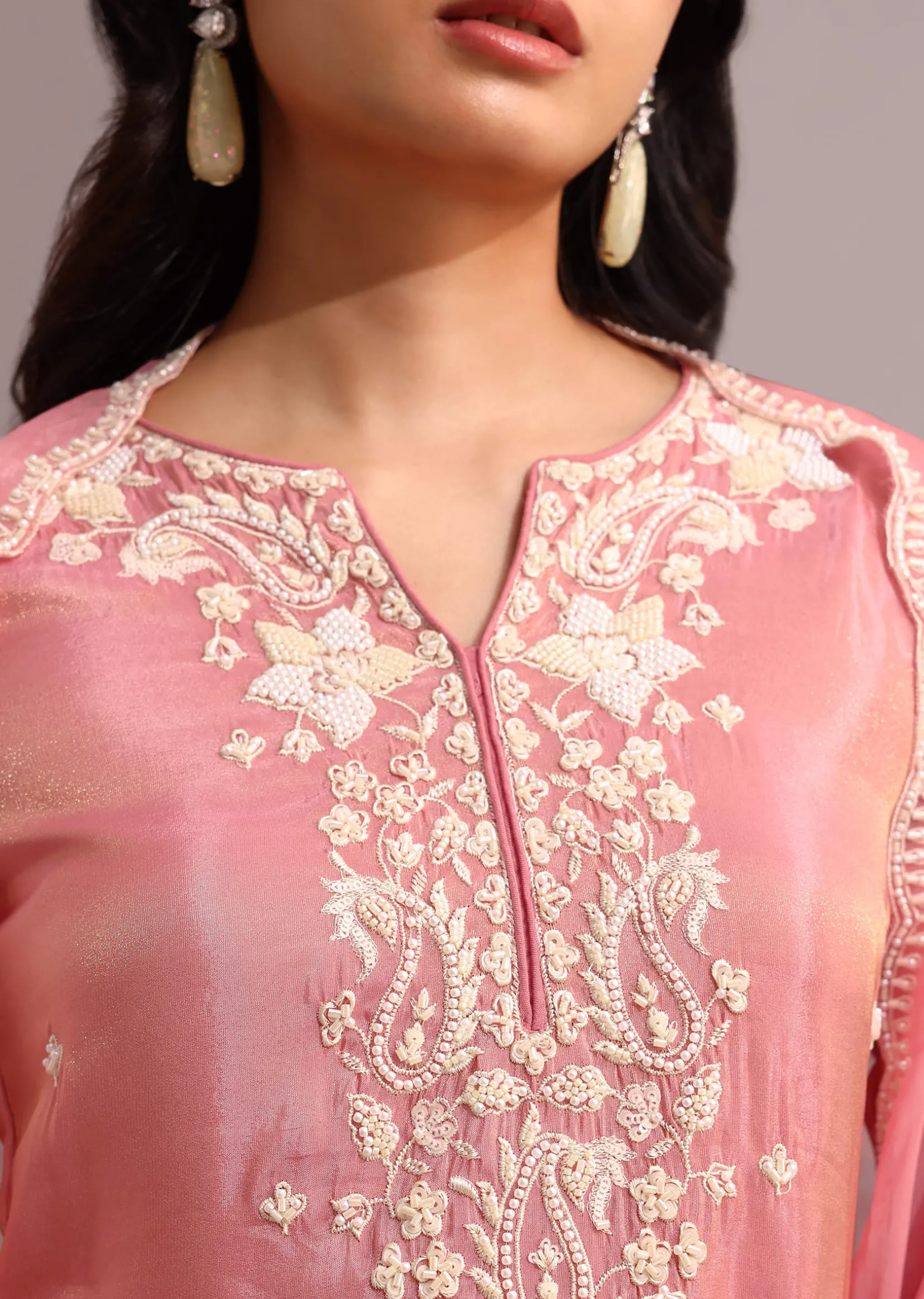 Pink Embroidered Kurti Set With Butti Work On Organza Dupatta