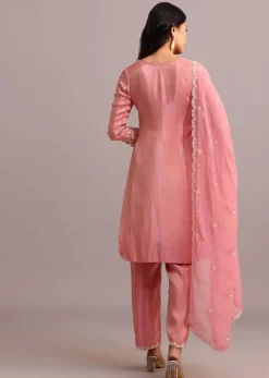 Pink Embroidered Kurti Set With Butti Work On Organza Dupatta