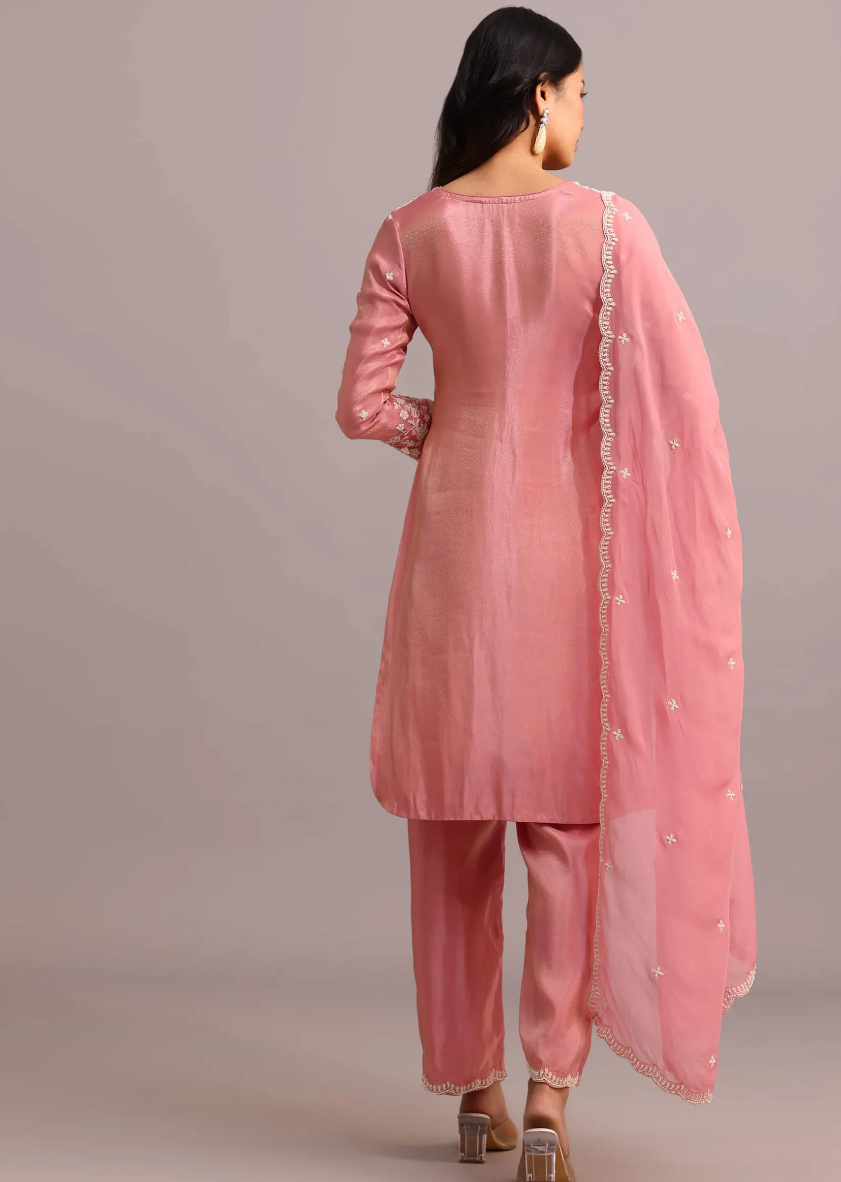 Pink Embroidered Kurti Set With Butti Work On Organza Dupatta