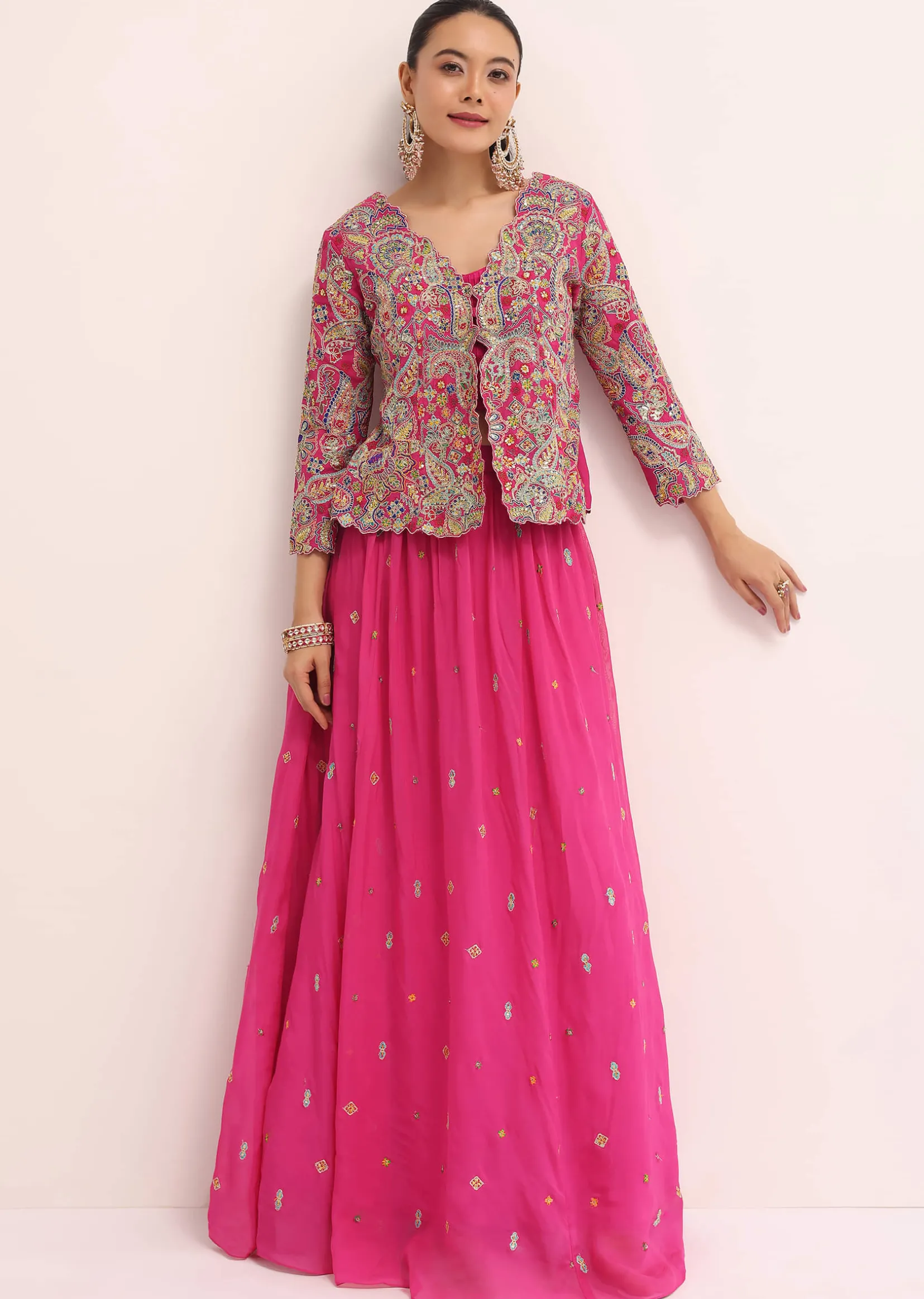 Pink Embroidered Lehenga Set With Jacket