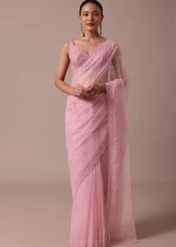 Pink Embroidered Organza Saree With Unstitched Blouse