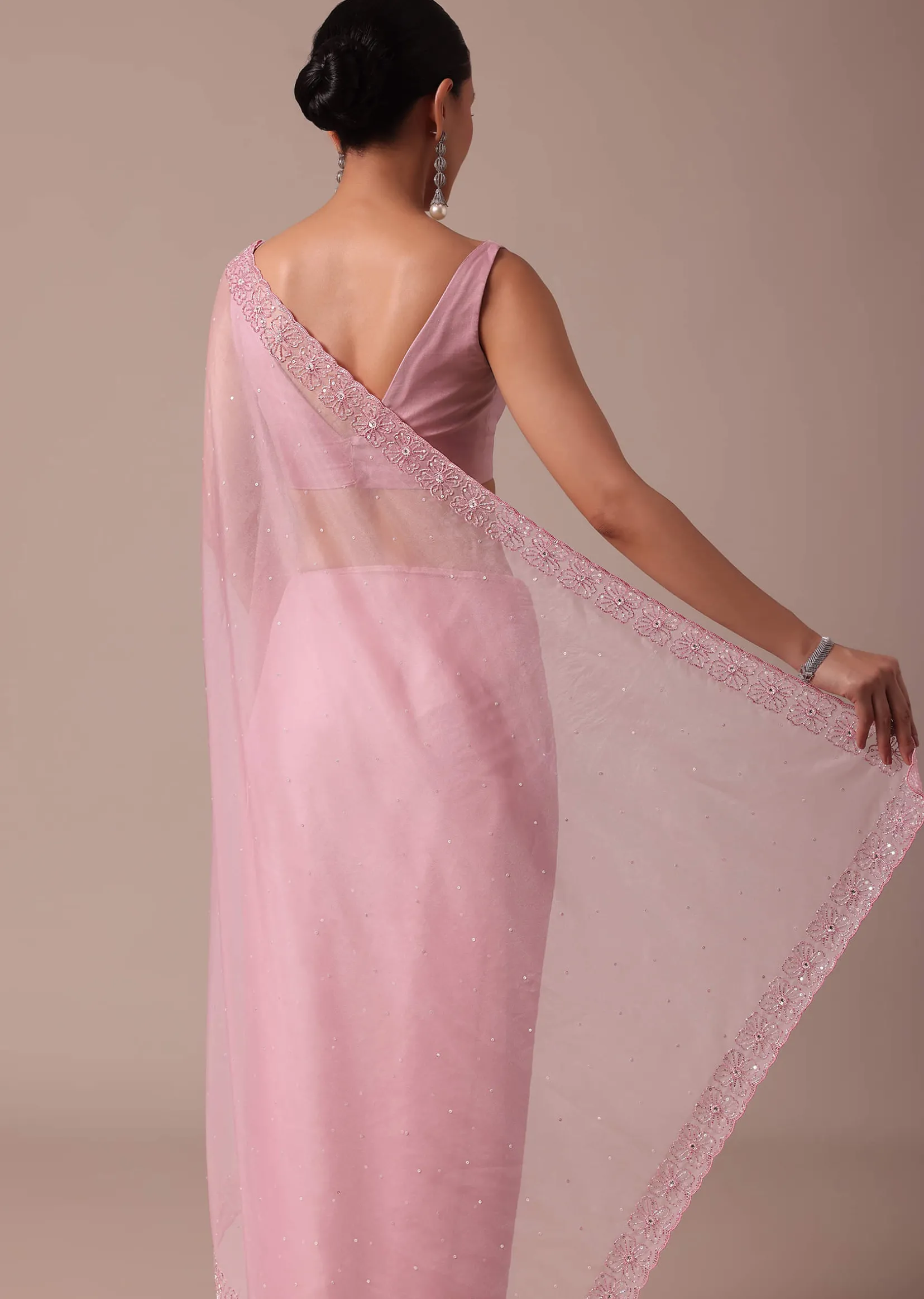 Pink Embroidered Organza Saree With Unstitched Blouse
