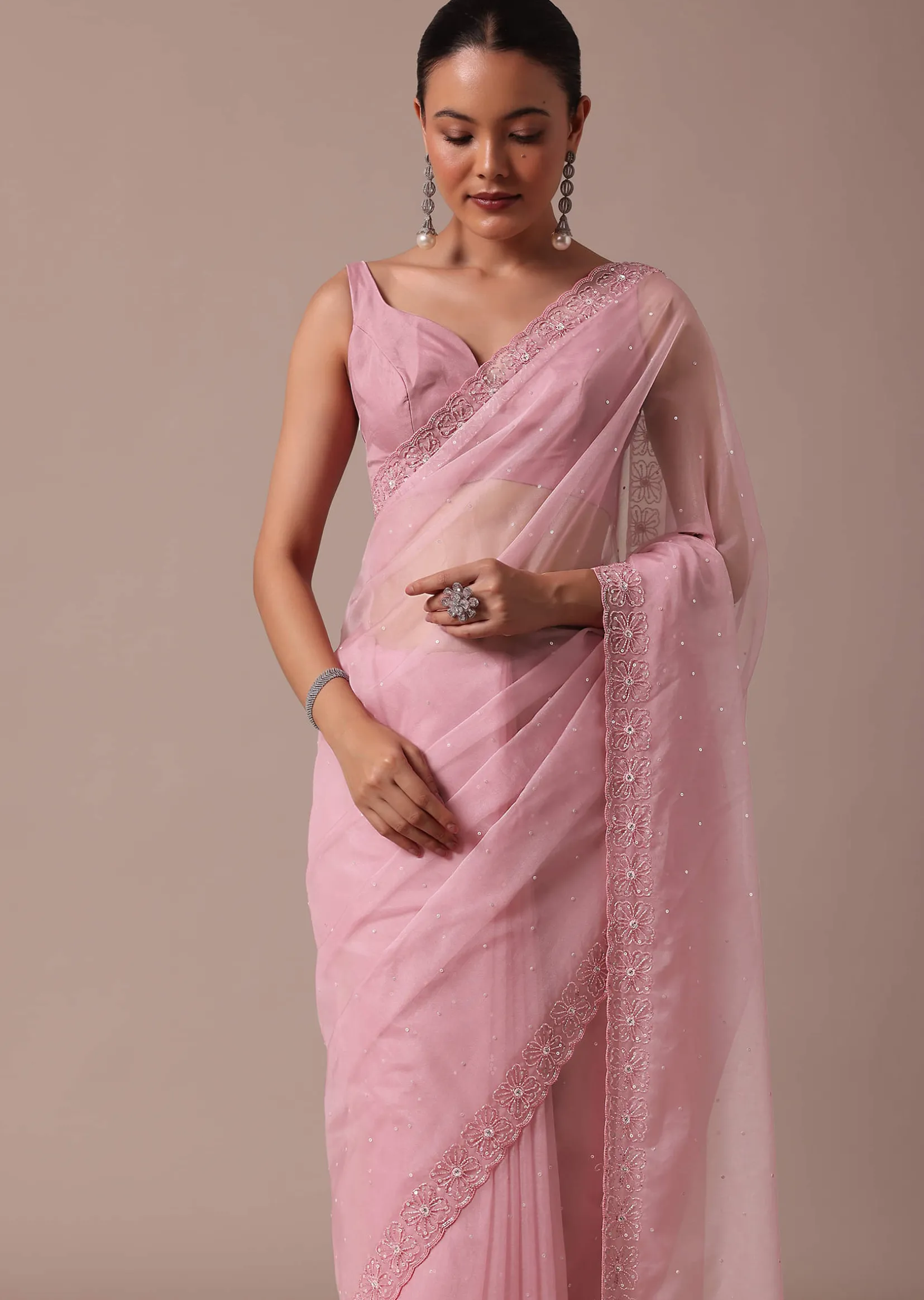 Pink Embroidered Organza Saree With Unstitched Blouse