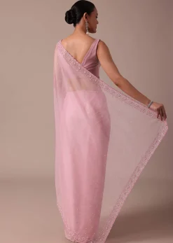Pink Embroidered Organza Saree With Unstitched Blouse