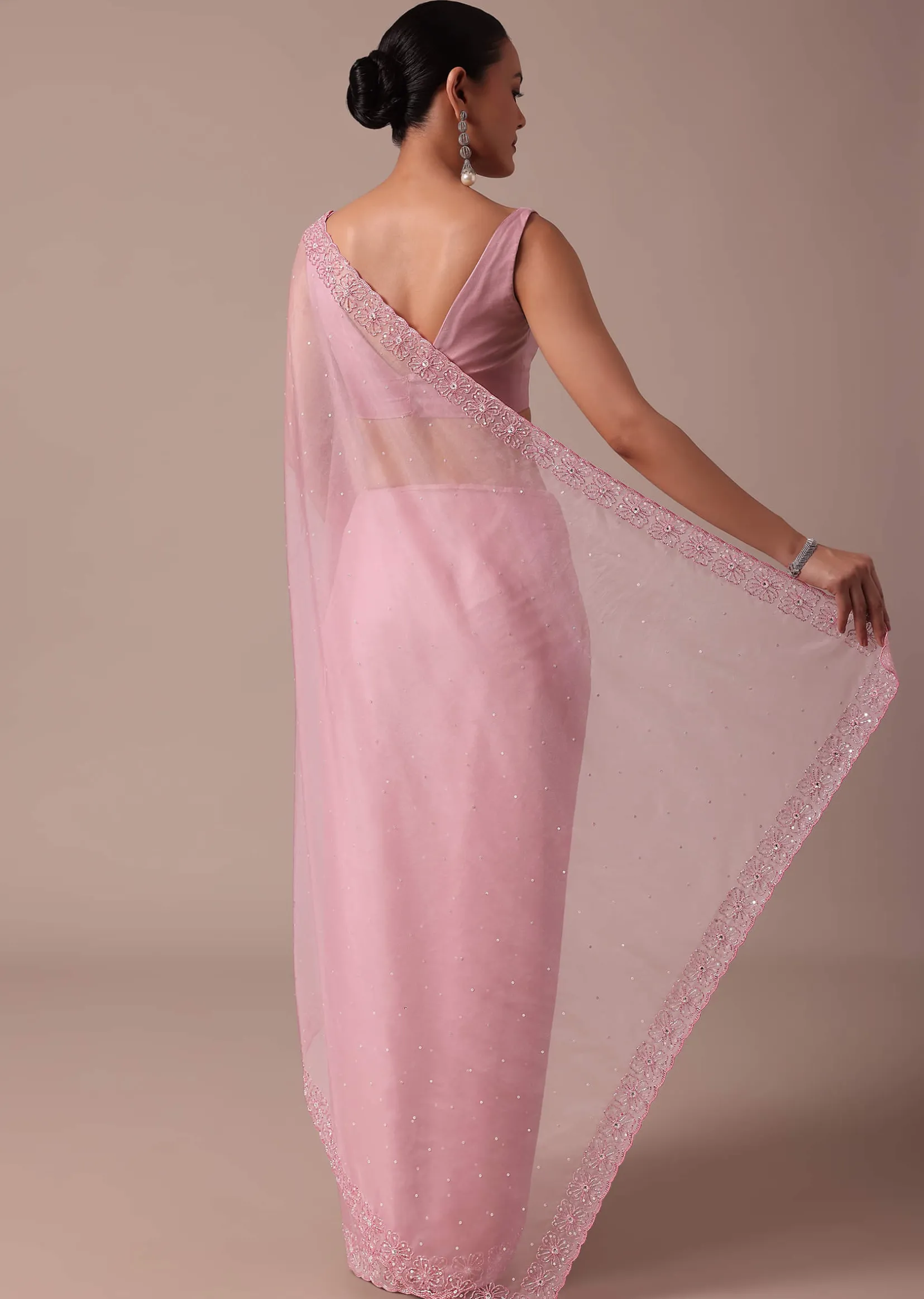Pink Embroidered Organza Saree With Unstitched Blouse
