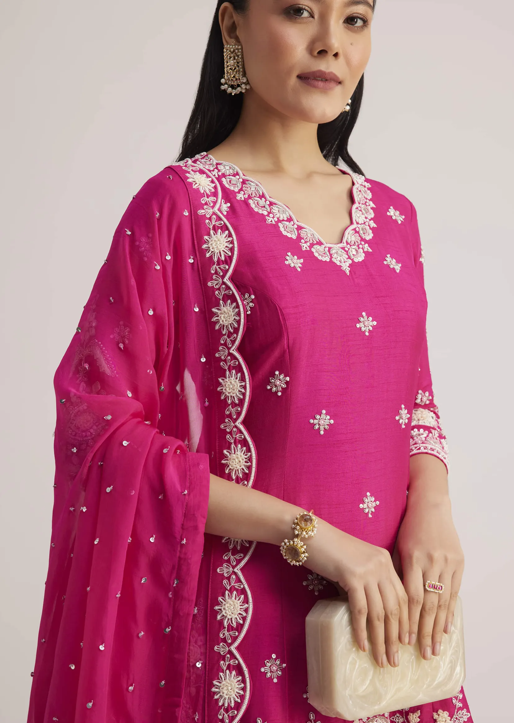 Pink Embroidered Palazzo Suit With Dupatta