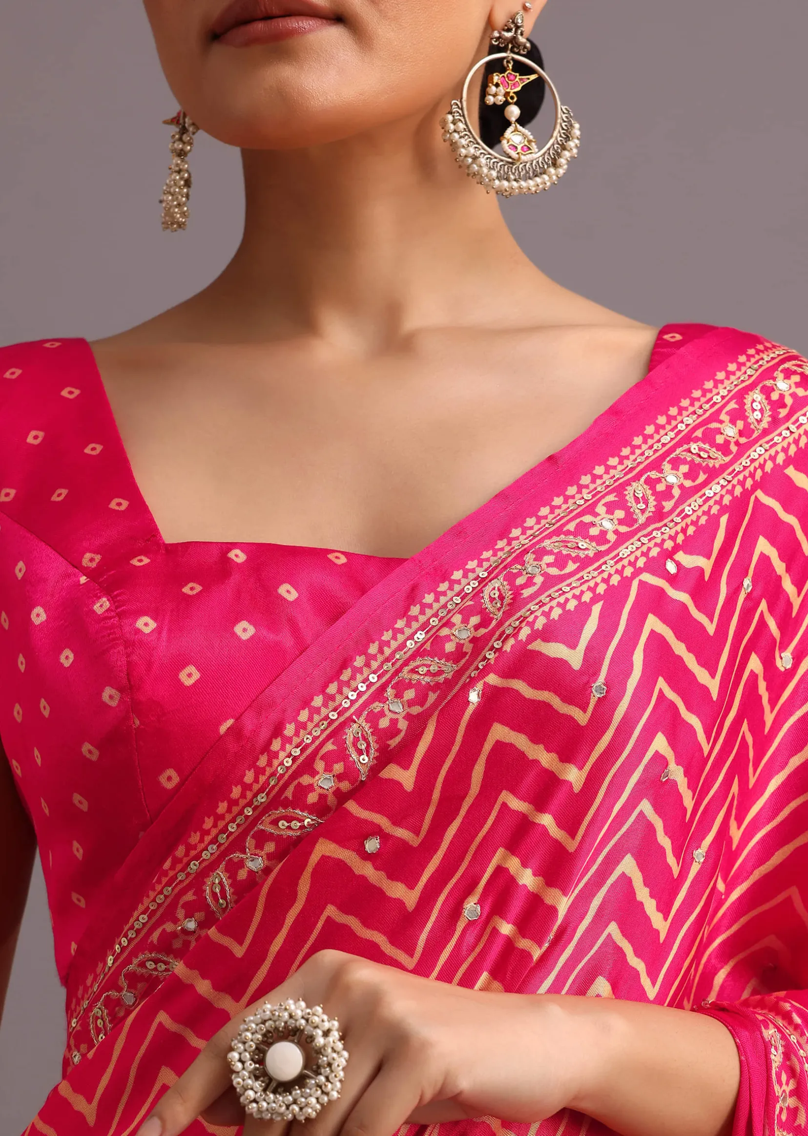 Pink Embroidered Satin Ajrakh Block Print Saree With Mirror Work