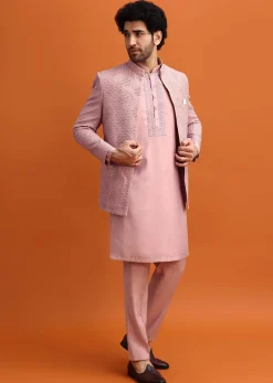 Pink Embroidered Silk Jodhpuri Set For Men