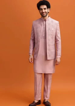 Pink Embroidered Silk Jodhpuri Set For Men