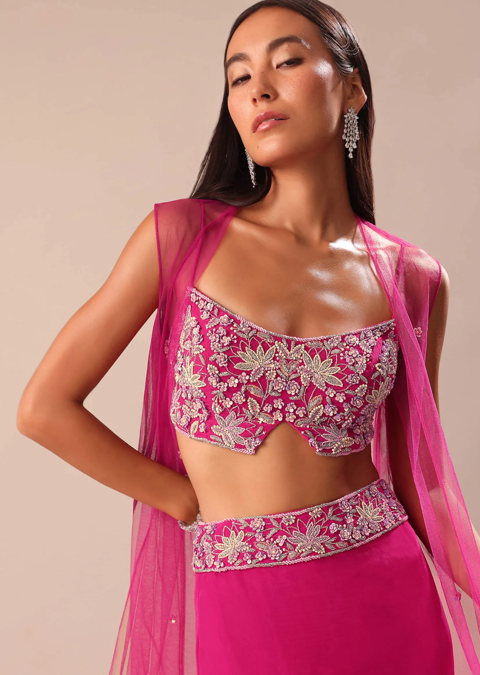 Pink Fishcut Skirt With Hand Embroidered Blouse And Jacket