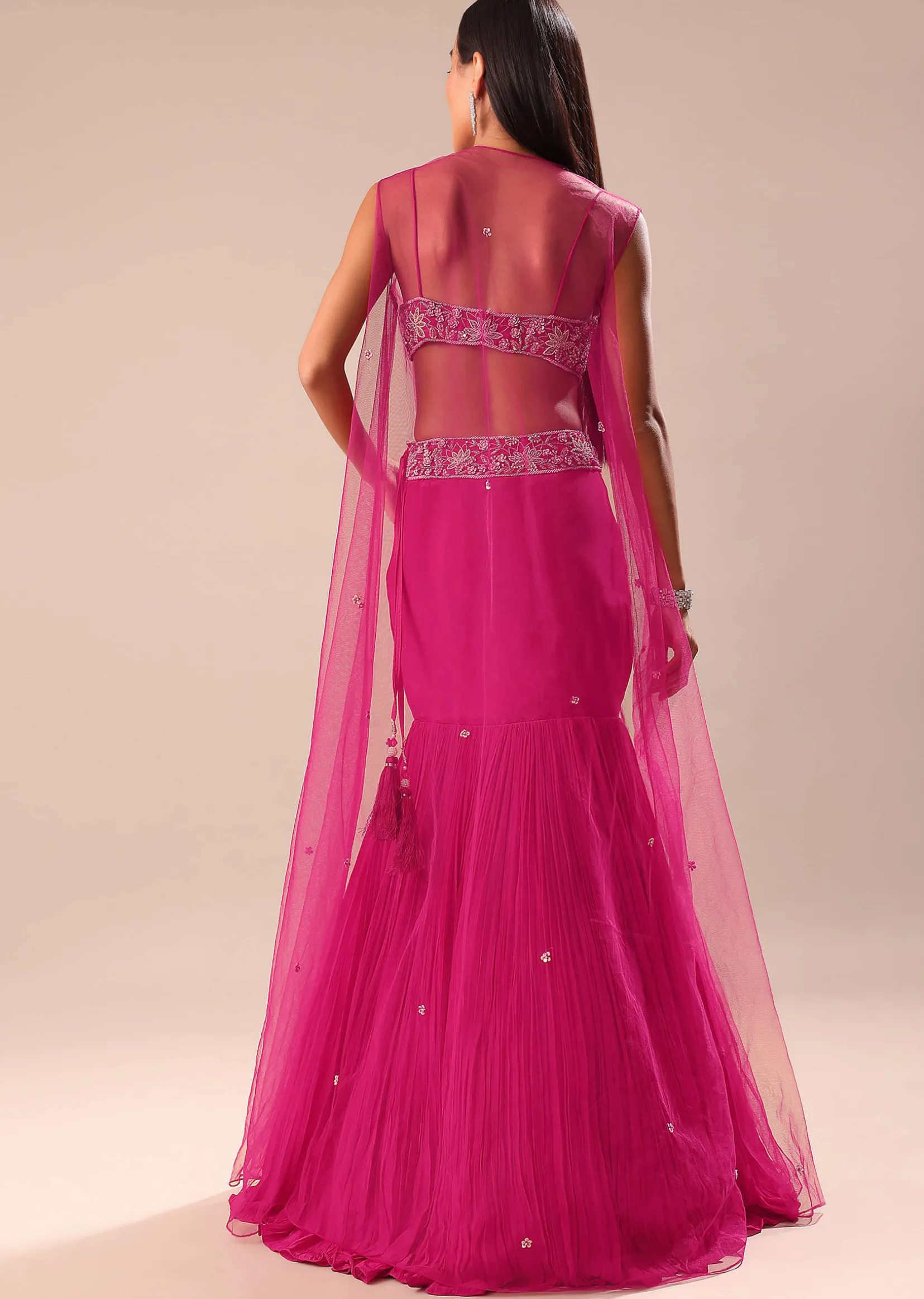 Pink Fishcut Skirt With Hand Embroidered Blouse And Jacket