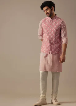 Pink Floral Bundi & Striped Kurta Set