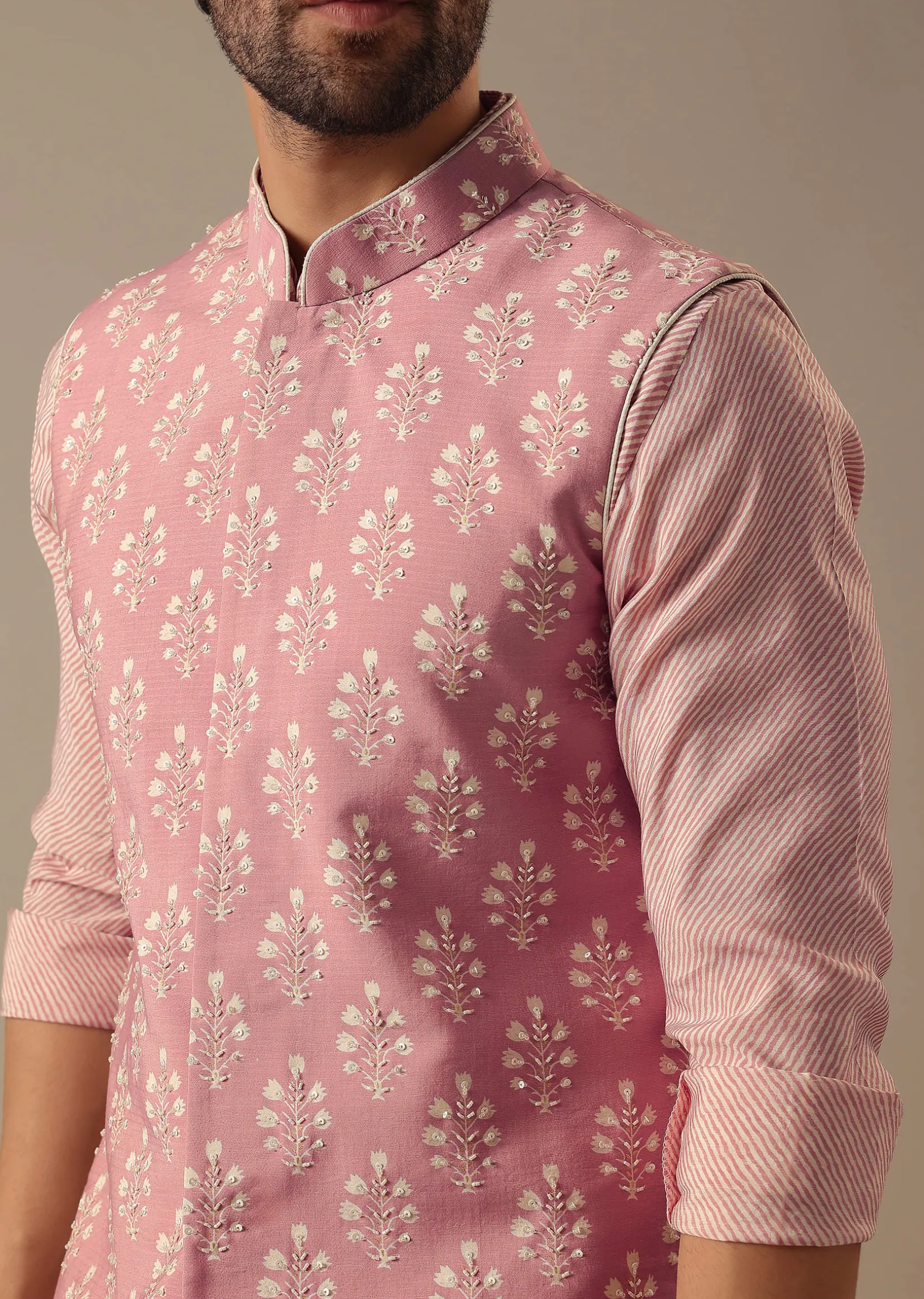 Pink Floral Bundi & Striped Kurta Set
