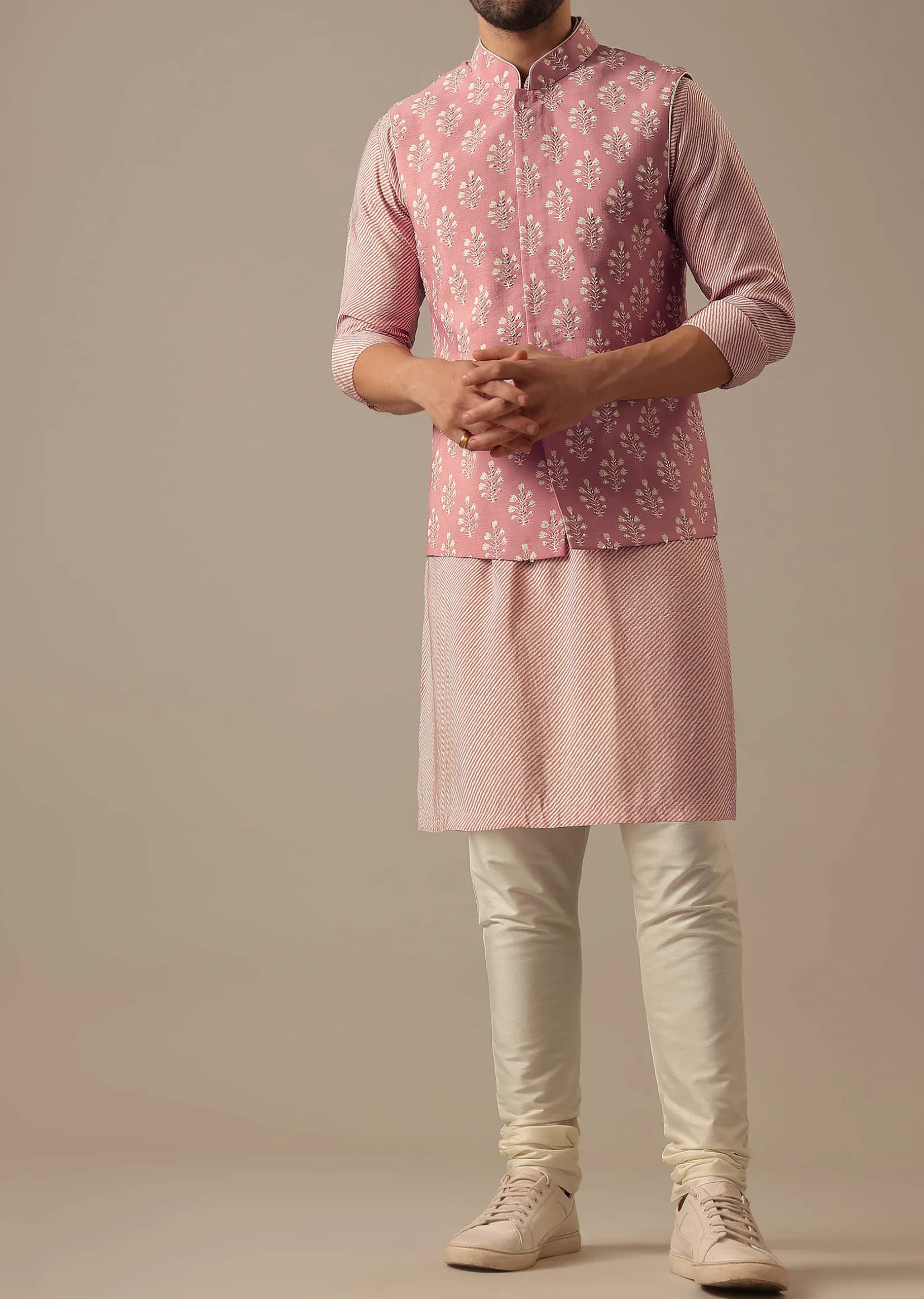 Pink Floral Bundi & Striped Kurta Set