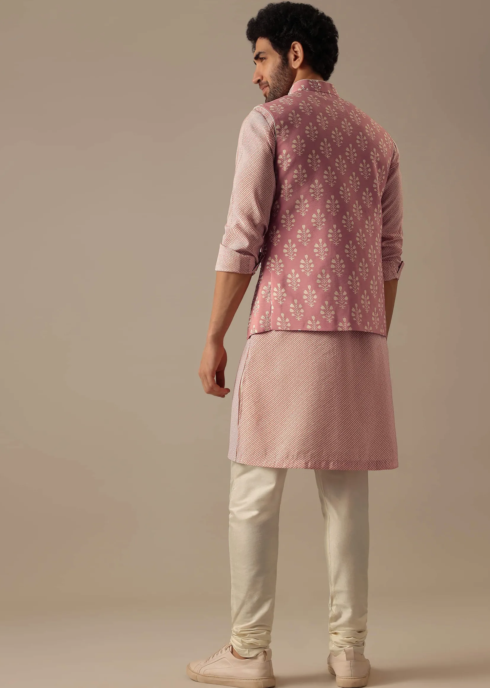 Pink Floral Bundi & Striped Kurta Set