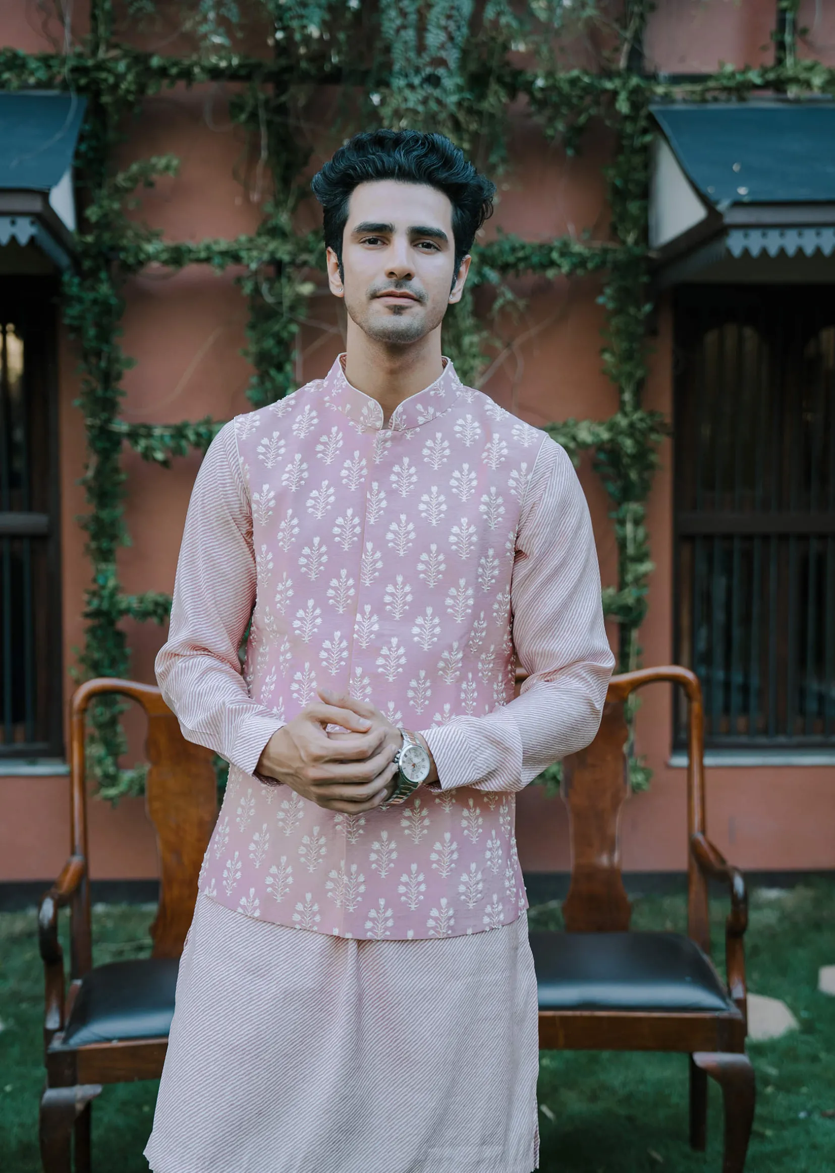 Pink Floral Bundi & Striped Kurta Set