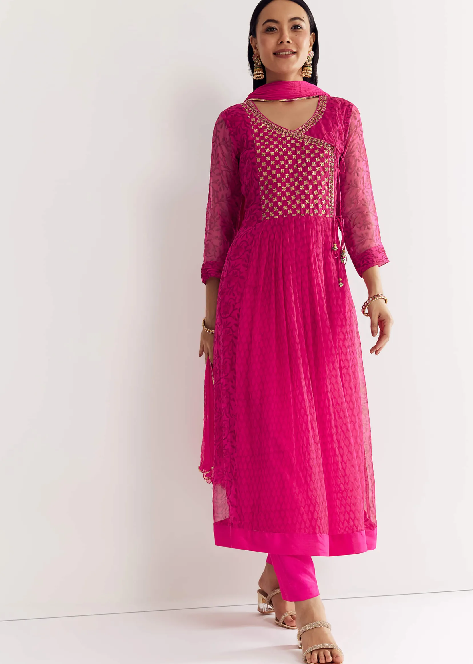 Pink Floral Chiffon Anarkali Kurta Set With Dupatta