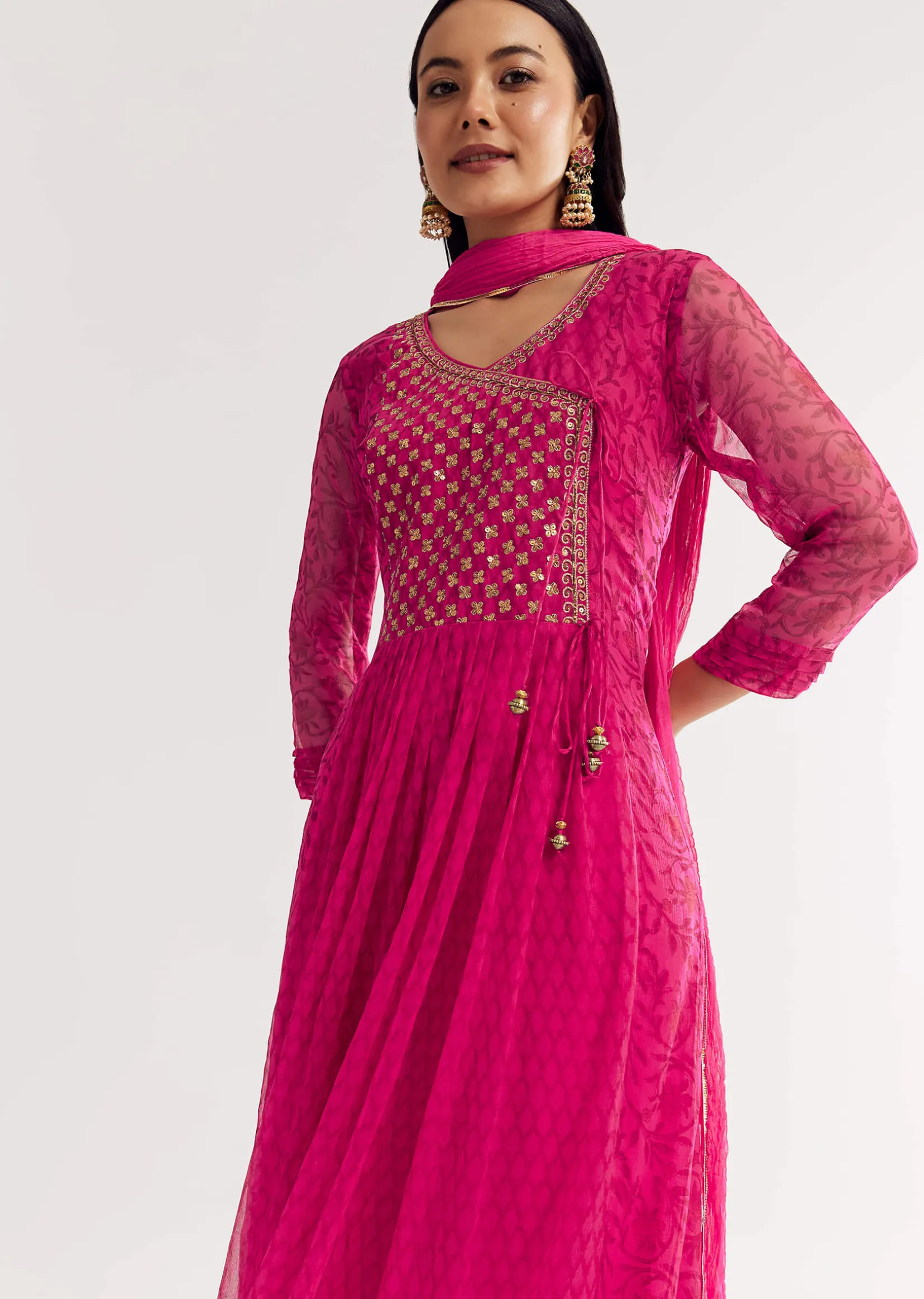 Pink Floral Chiffon Anarkali Kurta Set With Dupatta