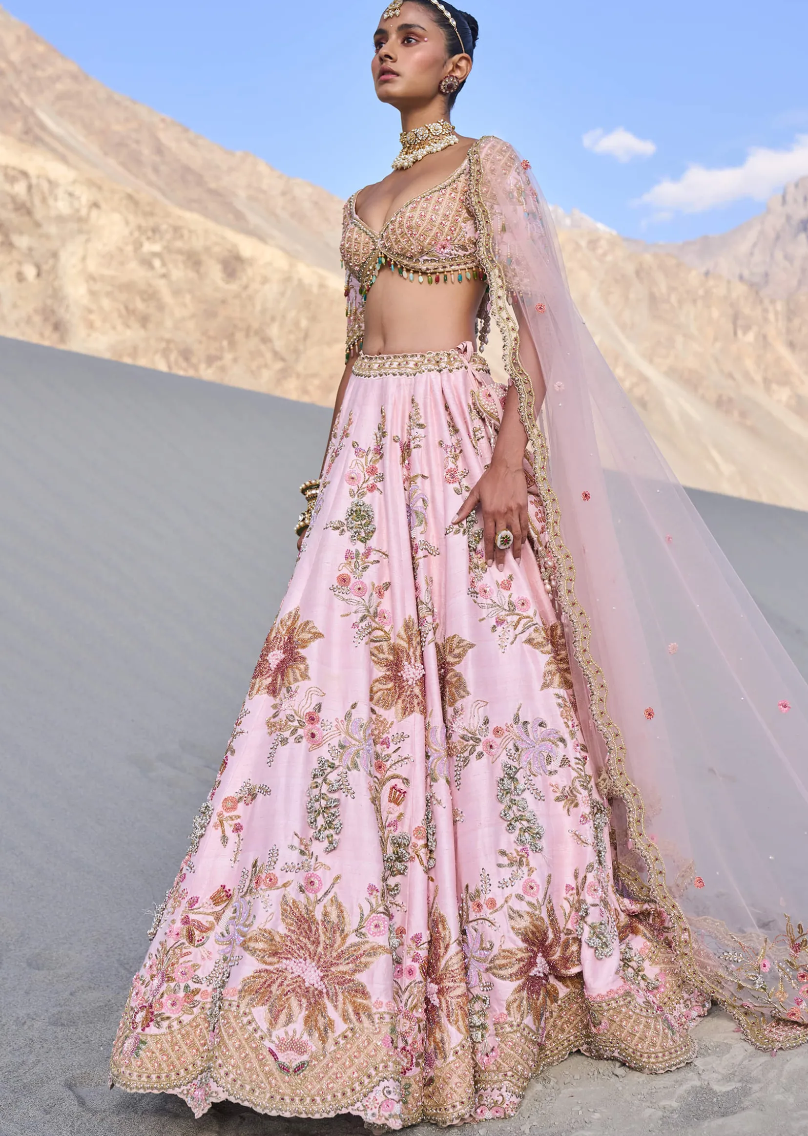 Pink Floral Embroidered Bridal Lehenga With Two Dupattas