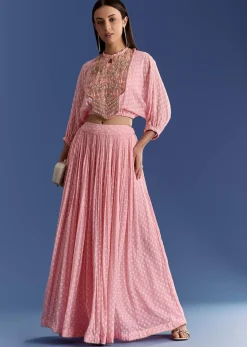 Pink Floral Georgette Lehenga Set With Zardosi Croptop