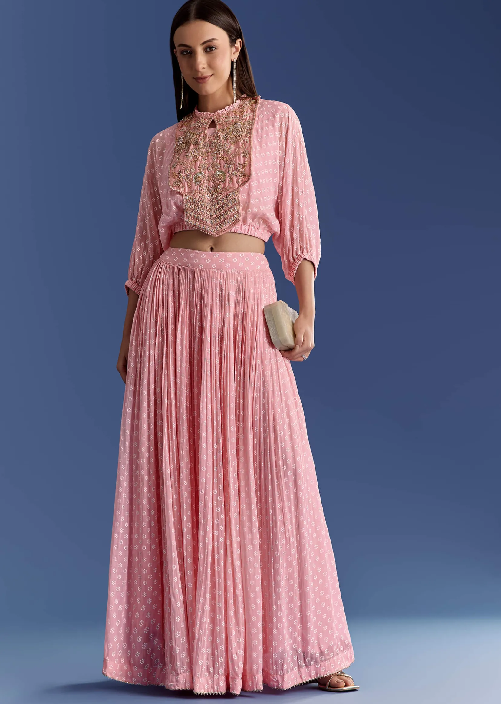 Pink Floral Georgette Lehenga Set With Zardosi Croptop
