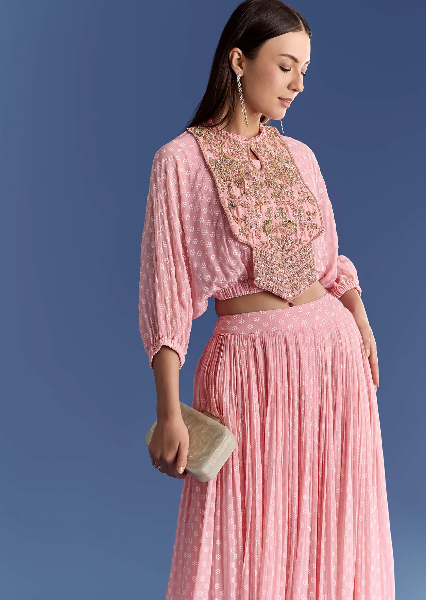 Pink Floral Georgette Lehenga Set With Zardosi Croptop