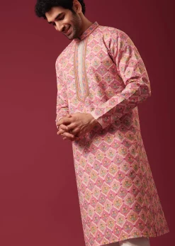 Pink Floral Print Kurta Set in Silk
