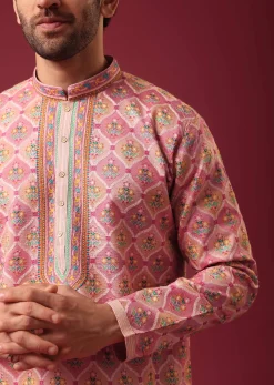 Pink Floral Print Kurta Set in Silk