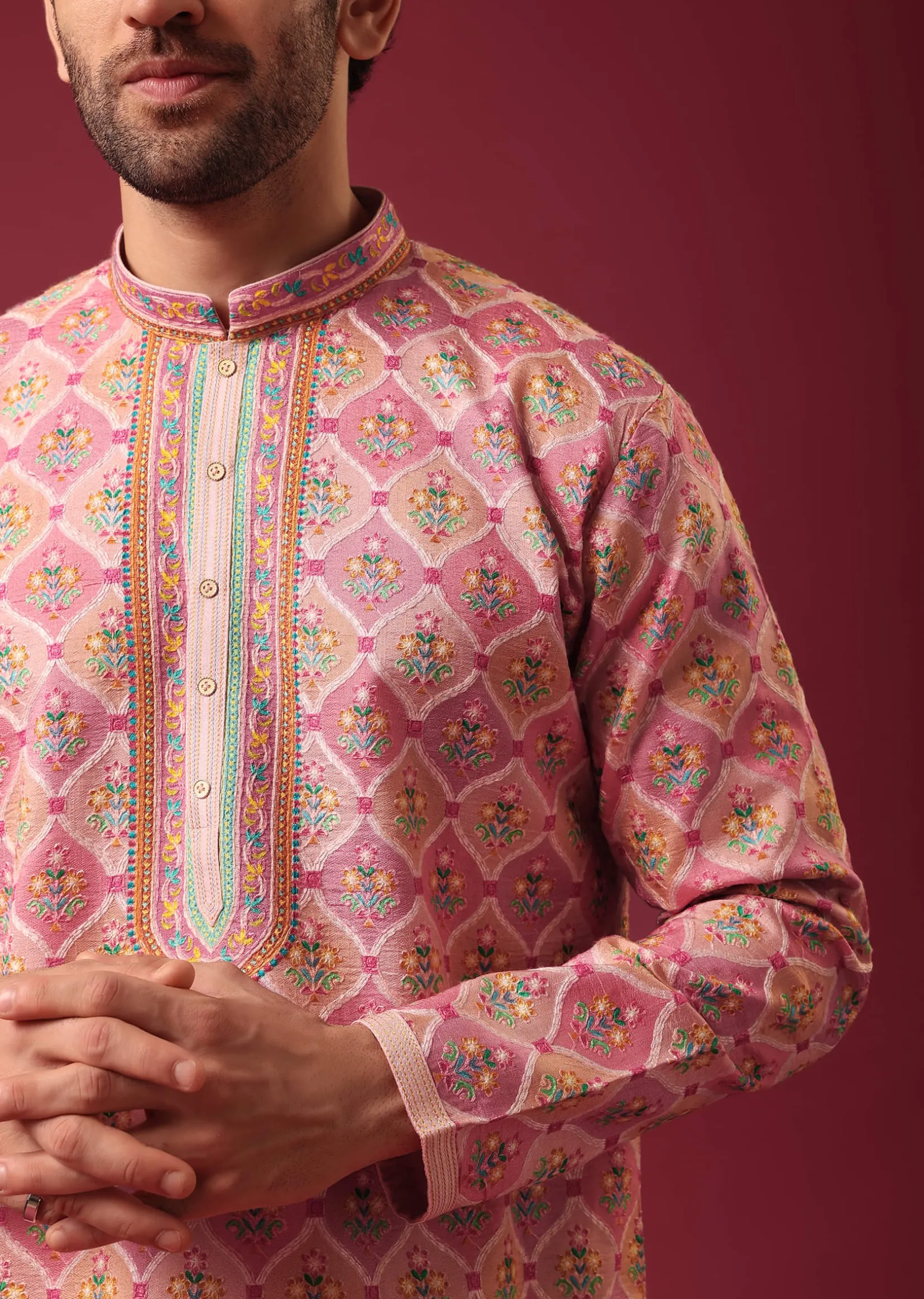 Pink Floral Print Kurta Set in Silk