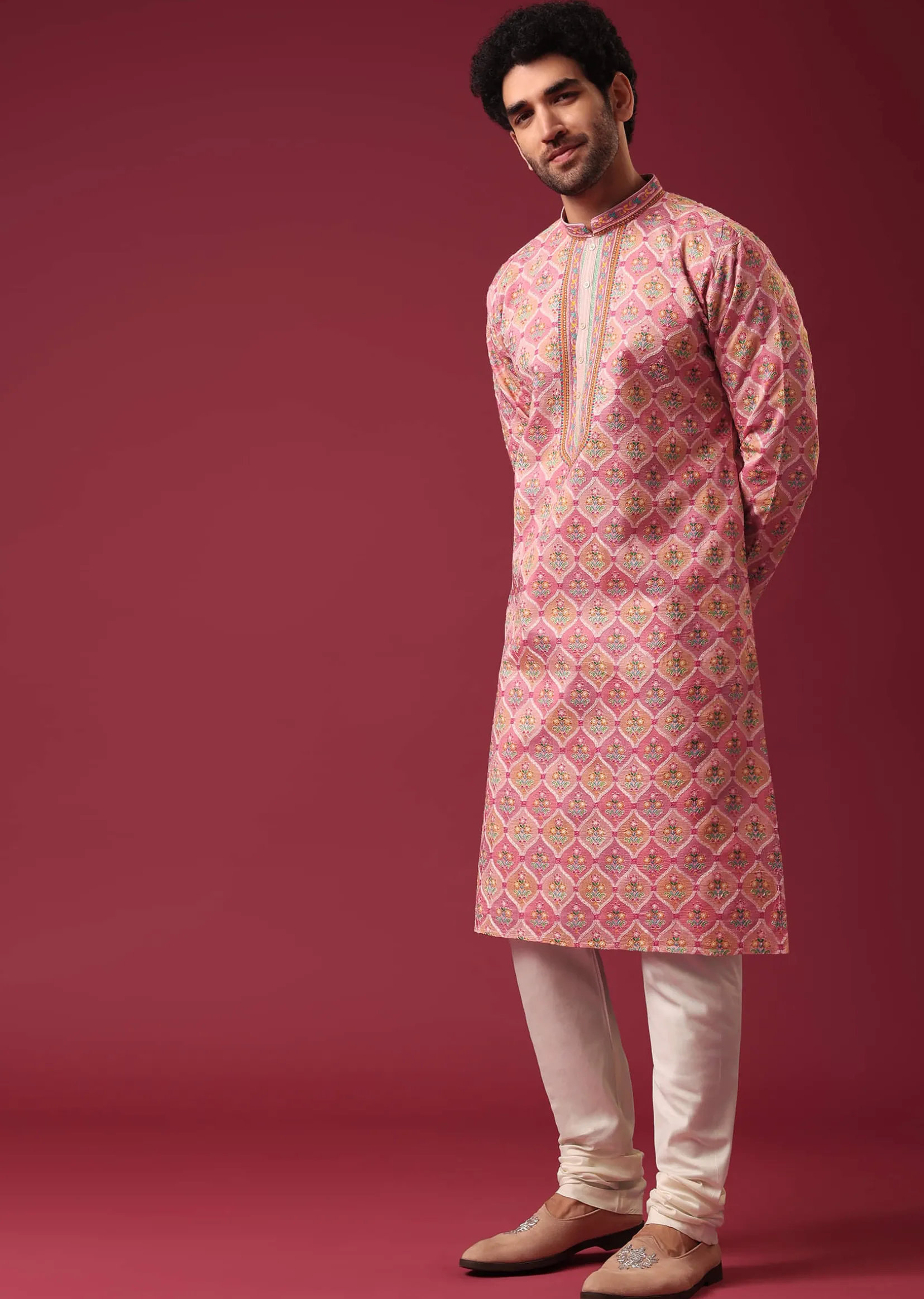 Pink Floral Print Kurta Set in Silk