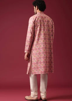 Pink Floral Print Kurta Set in Silk
