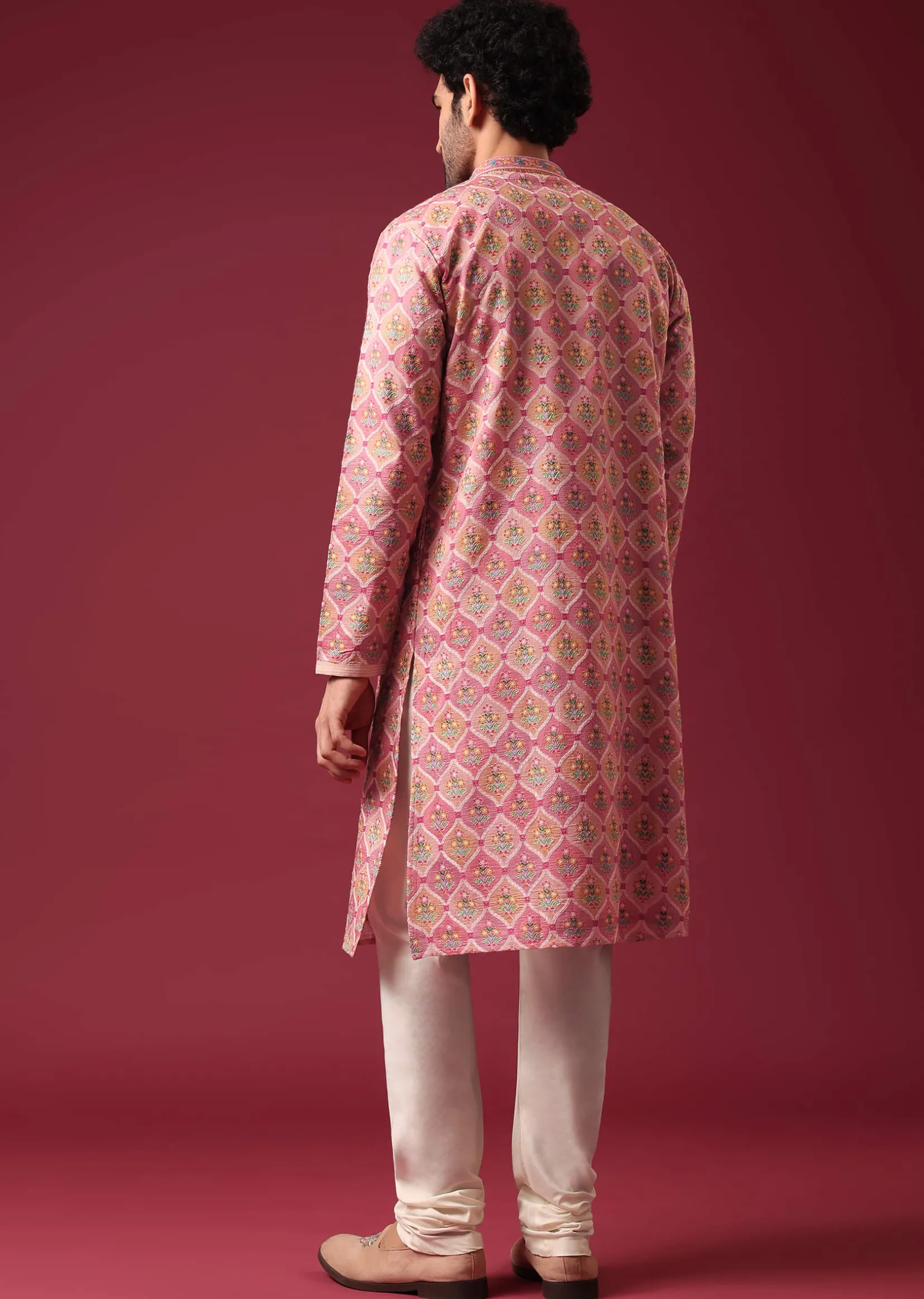 Pink Floral Print Kurta Set in Silk