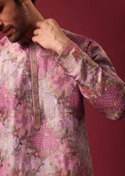 Pink Foil Print Kurta Set In Silk
