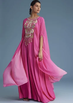 Pink Georgette Crepe Palazzo Set With Tassel Detail Croptop