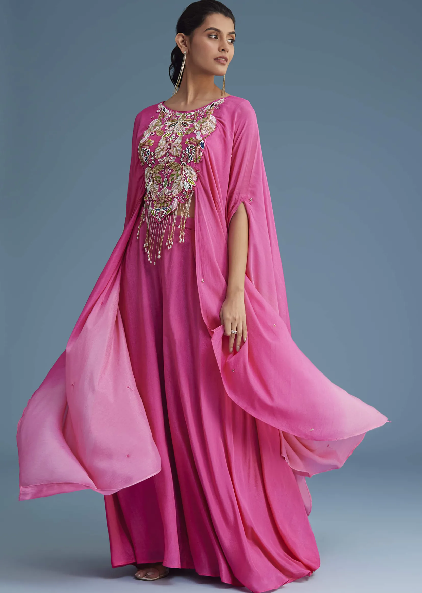 Pink Georgette Crepe Palazzo Set With Tassel Detail Croptop