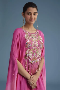 Pink Georgette Crepe Palazzo Set With Tassel Detail Croptop