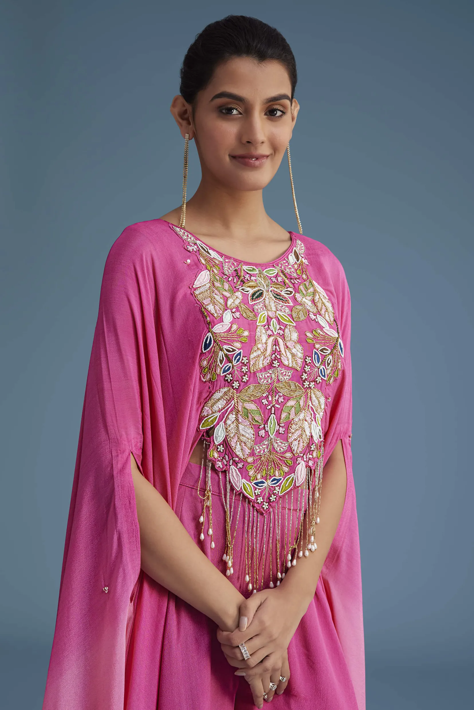 Pink Georgette Crepe Palazzo Set With Tassel Detail Croptop
