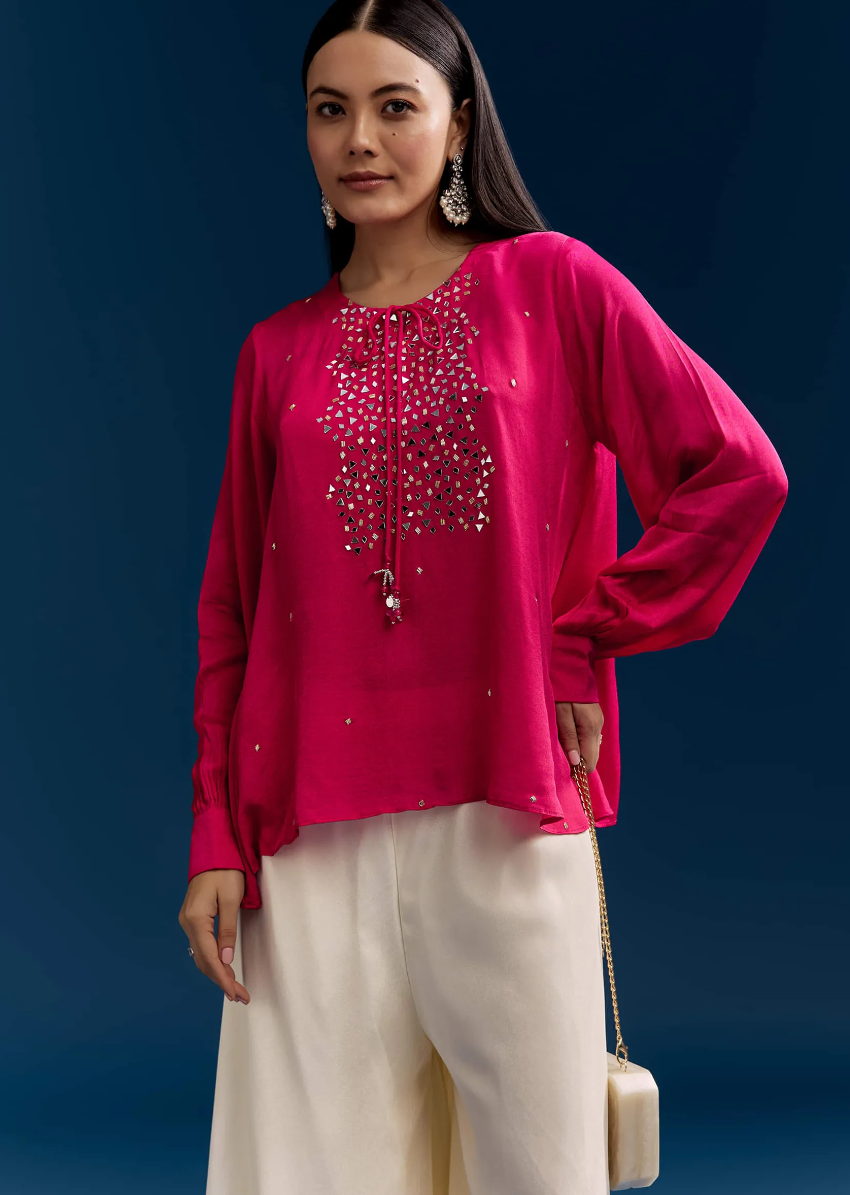 Pink Georgette Crop Top With Mirror Work