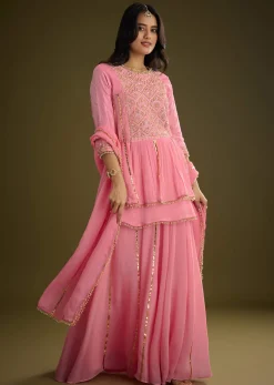 Pink Georgette Gotta Lace Kurta Set With Cut Dana and Sequins Detailing