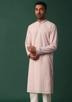 Pink Georgette Kurta Set With Chikankari Embroidery
