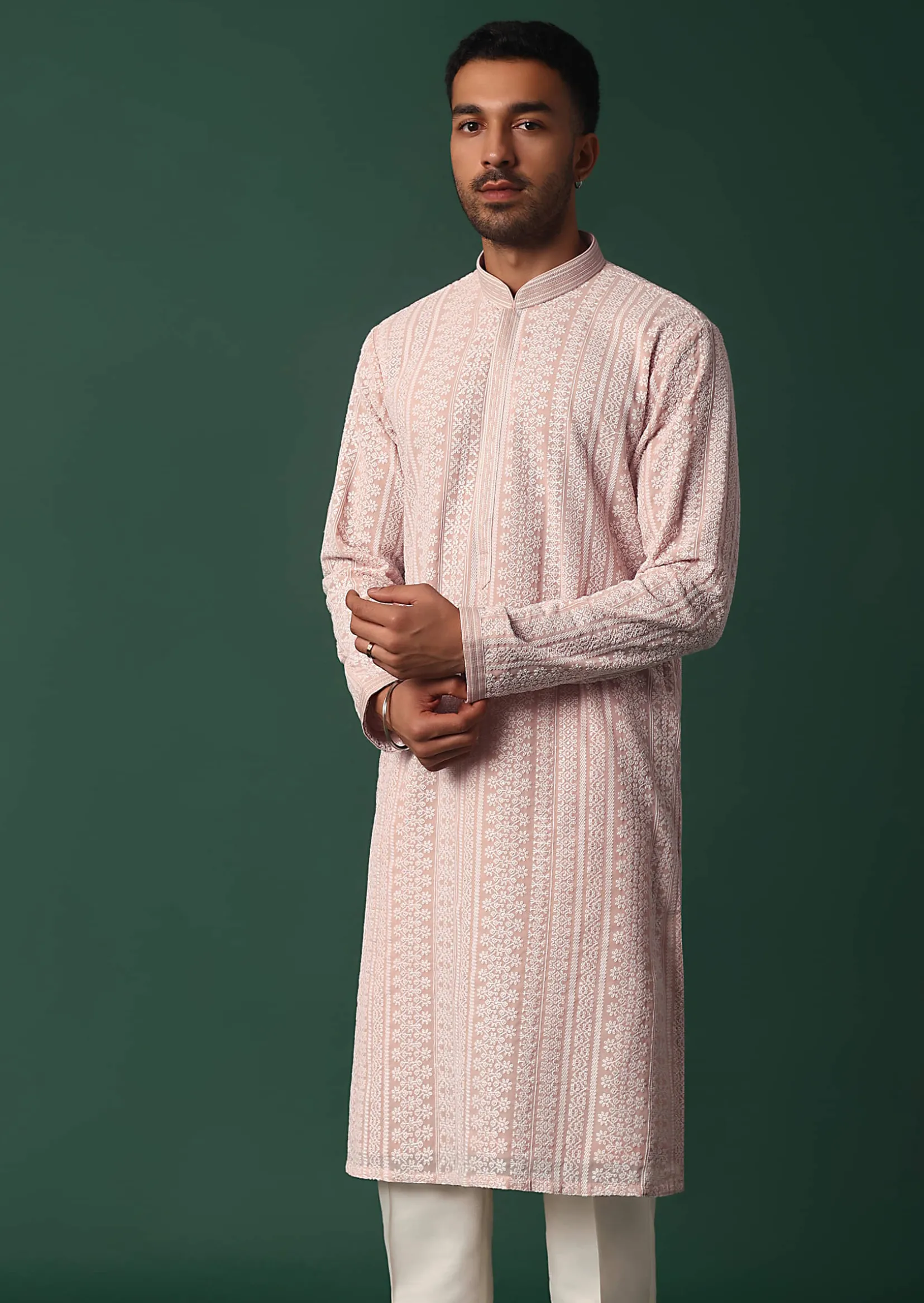Pink Georgette Kurta Set With Chikankari Embroidery