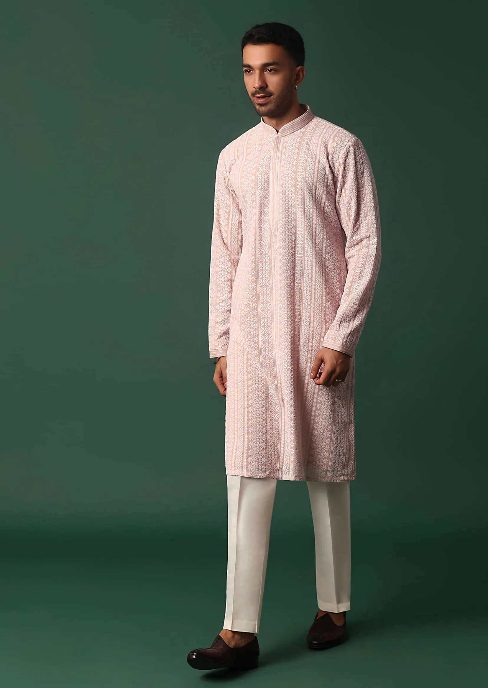 Pink Georgette Kurta Set With Chikankari Embroidery