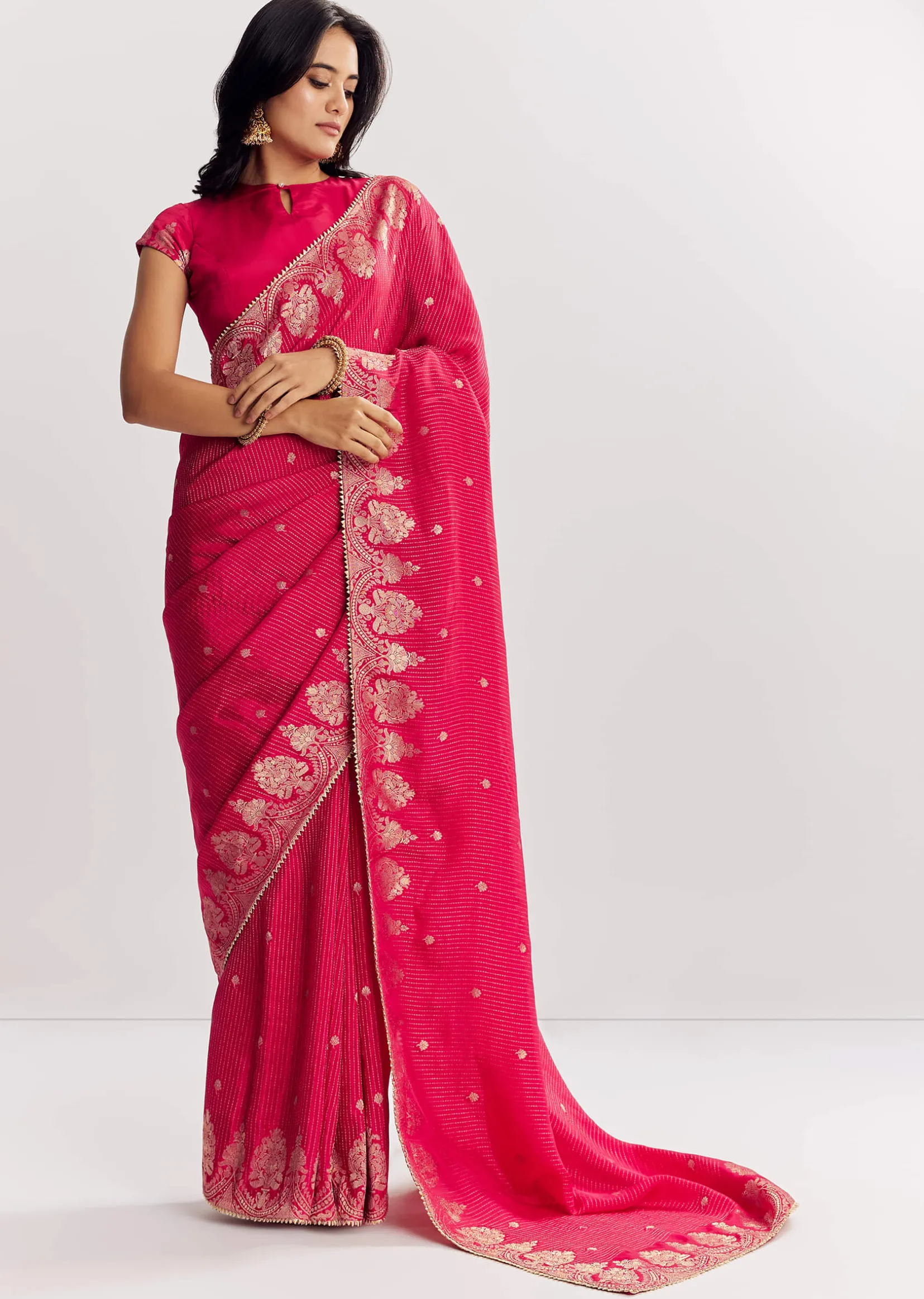 Pink Georgette Lurex Saree With Brocade Butti And Gota Patti Border